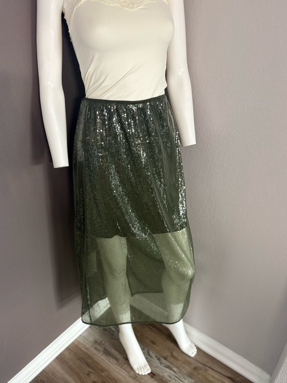 a new day Olive Sequin Maxi Skirt with Sheer Overlay